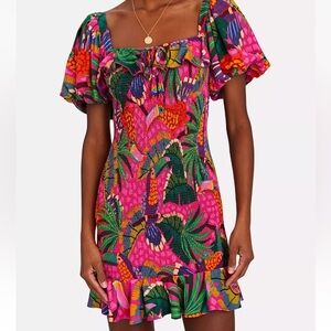 NWT FARM Rio Pink Painted Toucans Square Neck Mini Dress